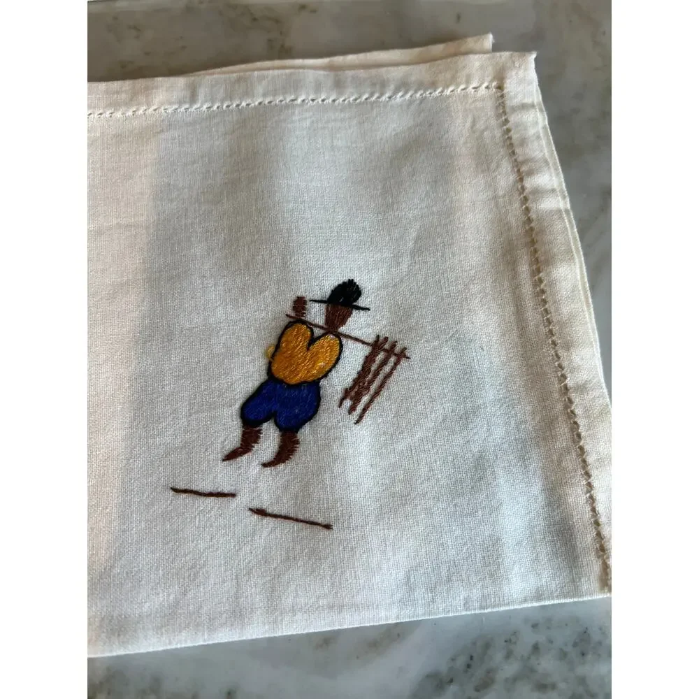 Indigenous People Hand Embroidered Hemstitch Linen Cocktail Napkins